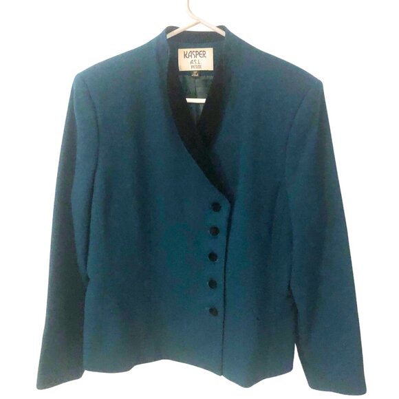 Kasper Jackets & Blazers - Kasper ASL Petite Vintage 90s Dark Green Blazer Black Velvet lapels Jacket 12P